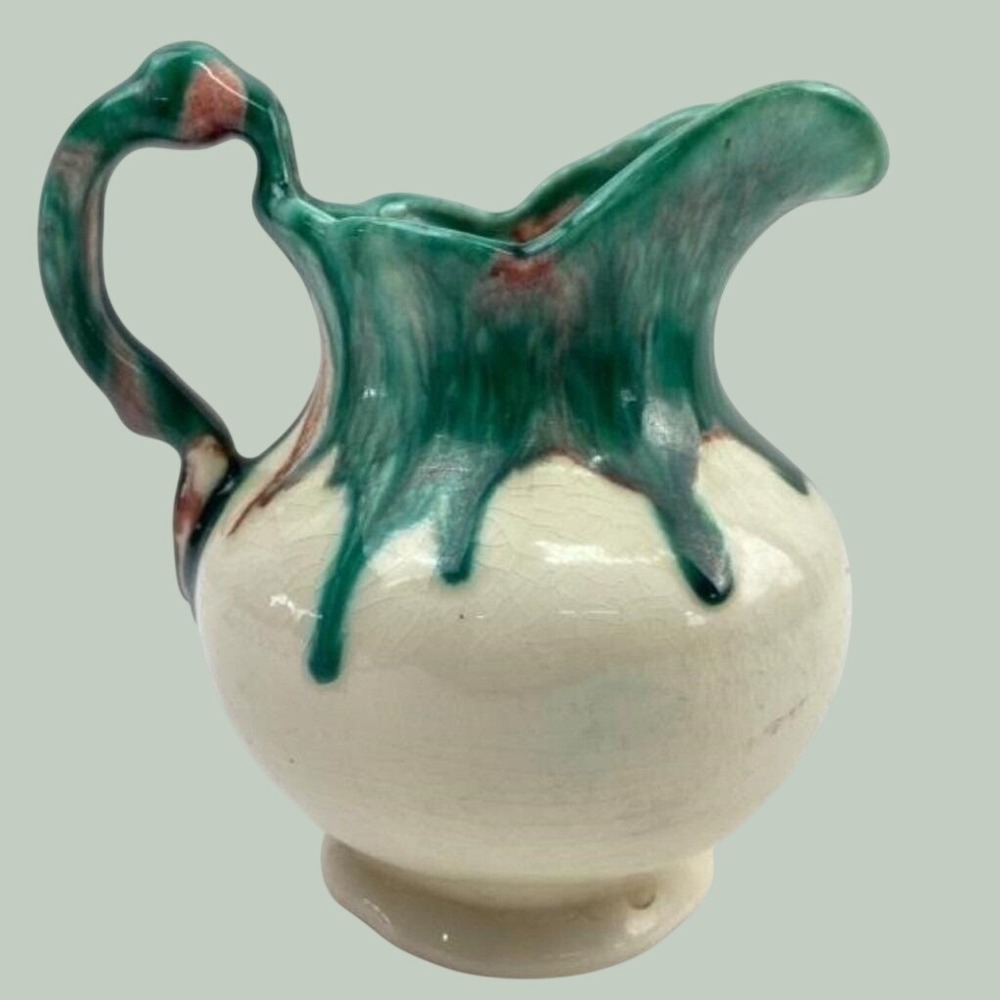 Vintage Drip Glaze Earthenware Pitcher Cream Green Burgundy Rustic Farmhouse - Picture 4 of 7